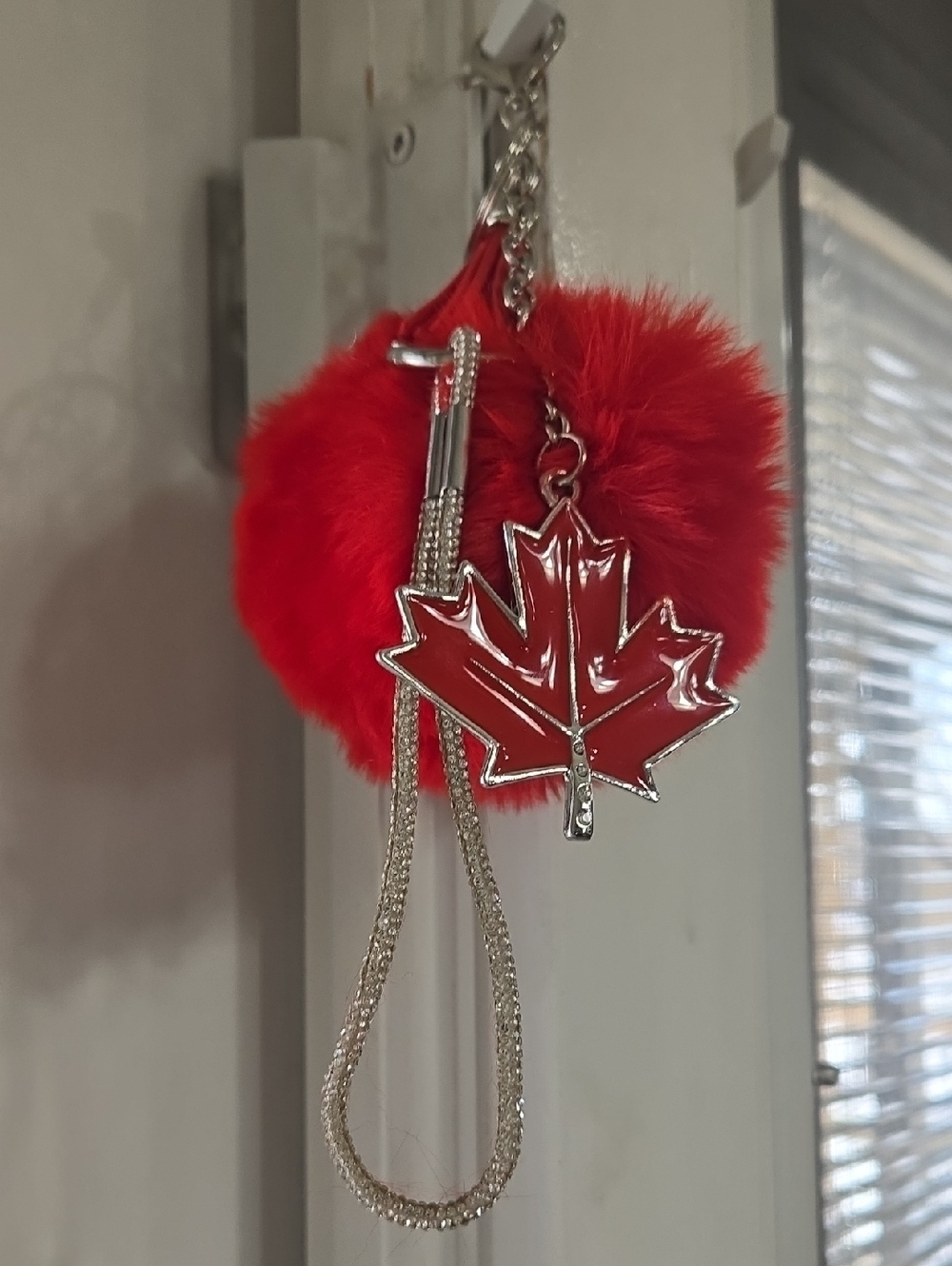 Red Faux Fur Pom-Pom BagCharm/ Keychain with Maple Leaf Charm